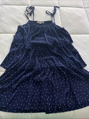 Tiered Navy Blue Spaghetti-Strap Dress with White Dot Print